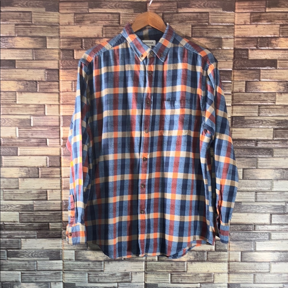 Men's EUC Haggar Blue and Orange Flannel Plaid Shirt XL
